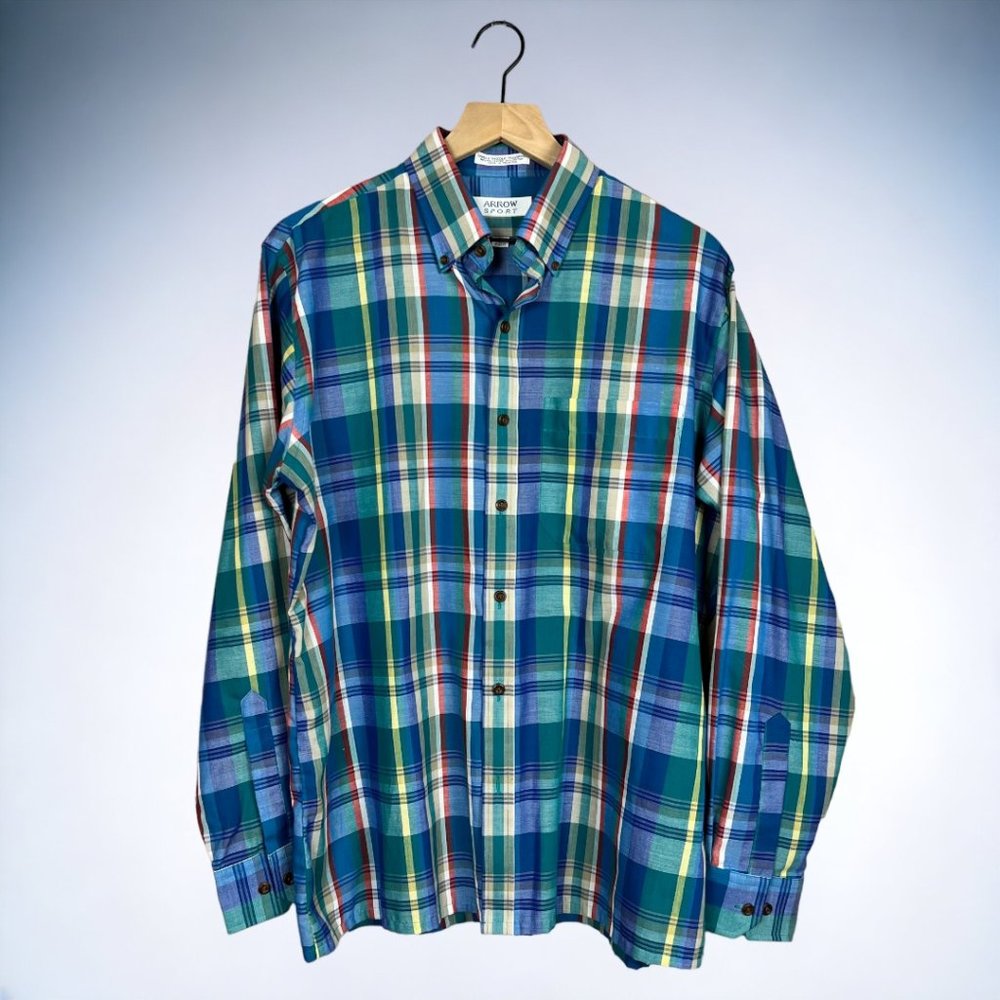 Arrow Sport Vintage 80s Long Sleeve Blue & Green Plaid Button Down Shirt Size L